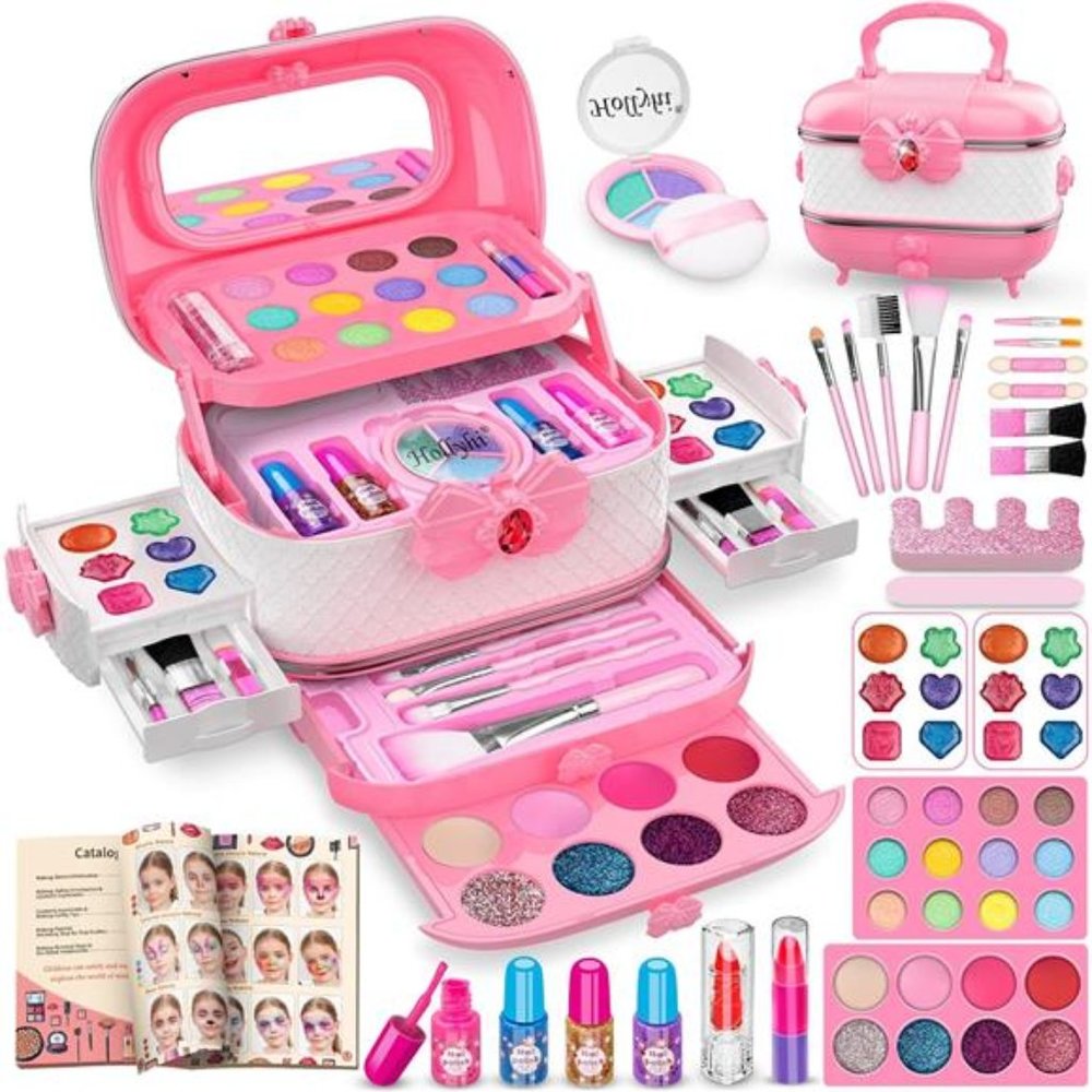 58 Pcs Makeup Set with Real Cosmetic, Washable Make Up Kit (Pink) For Kids